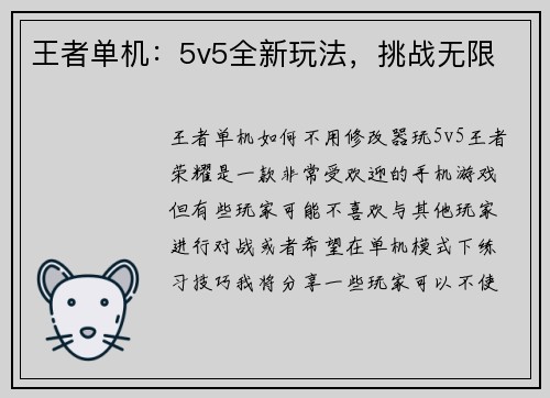 王者单机：5v5全新玩法，挑战无限